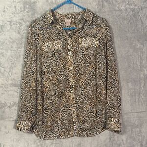 Chico Cheetah Print Long Sleeve Collared Button Up Top Shirt Size 1